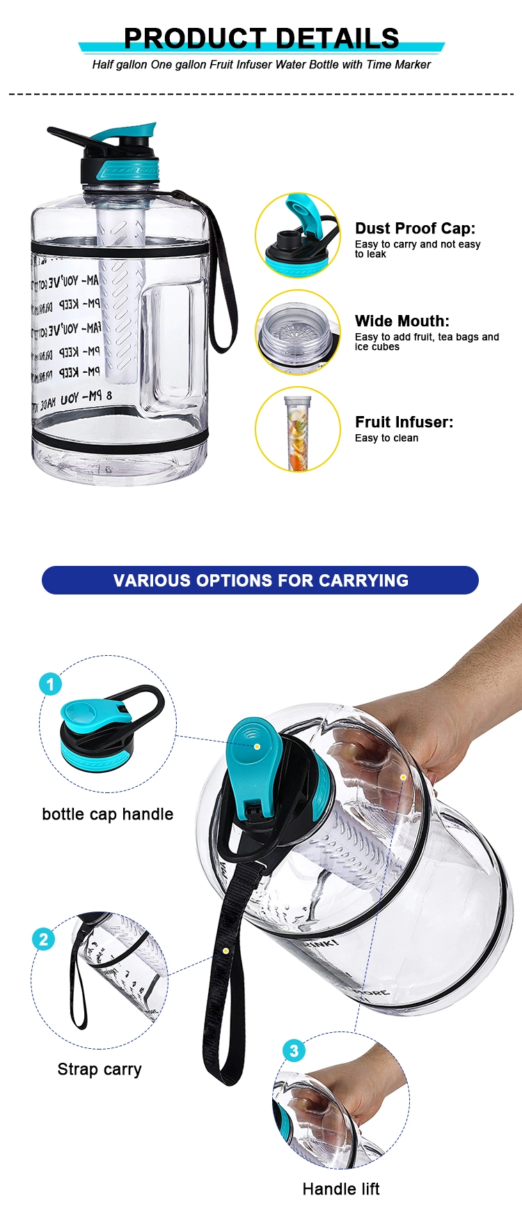 Water Bottles Gym Jug BPA Free Custom Logo Plastic Motivational Half Gallon/2.2L /One Gallon Water Infuser Bottle