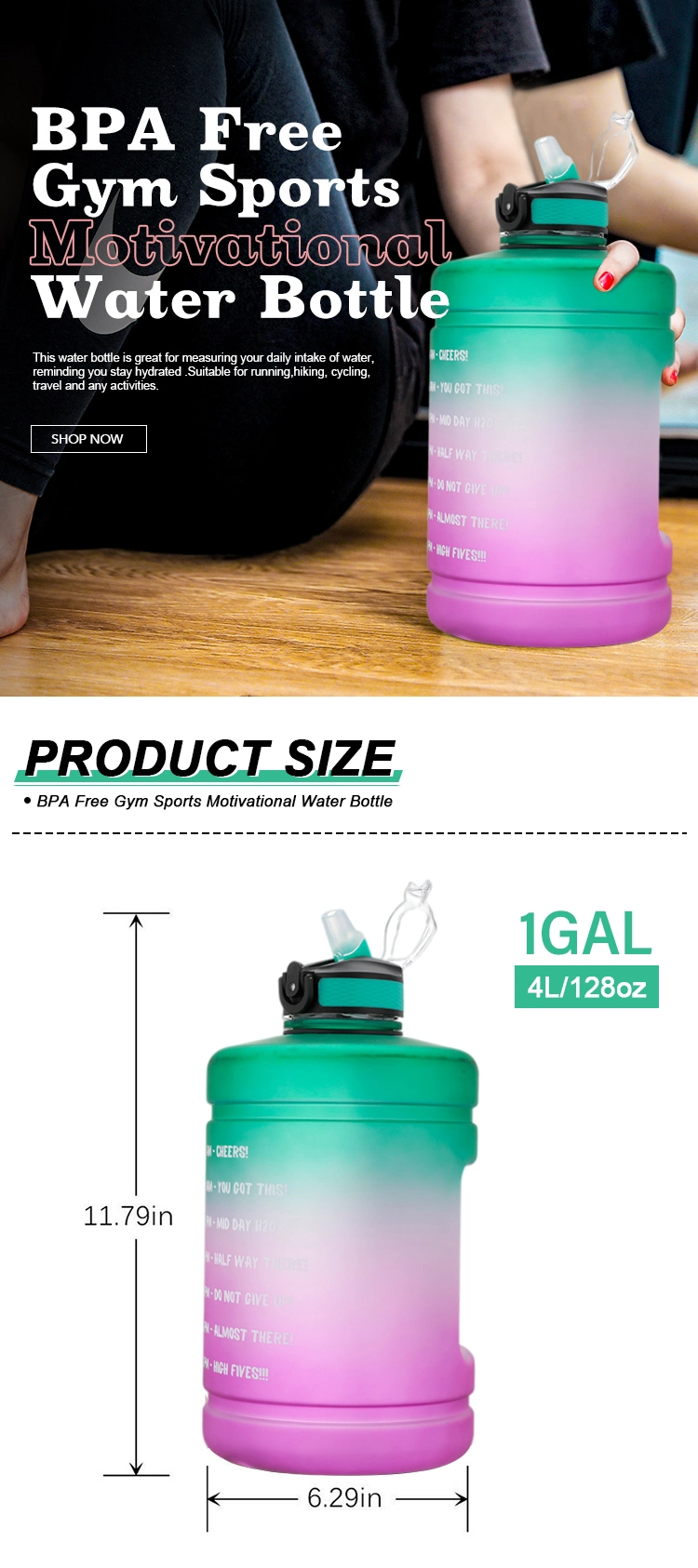 Water Bottles Gym Jug BPA Free Custom Logo Plastic Motivational Half Gallon/2.2L /One Gallon Water Infuser Bottle