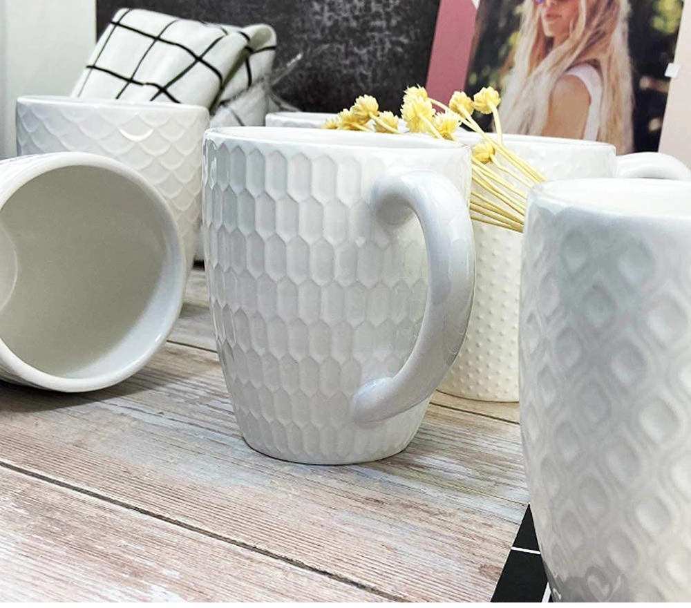 13.5 Oz White Ceramic Coffee Mugs Stylish Embossed Coffee Cups Set with Different Patterns, for Coffee, Tea, Milk, Cocoa, Cereal